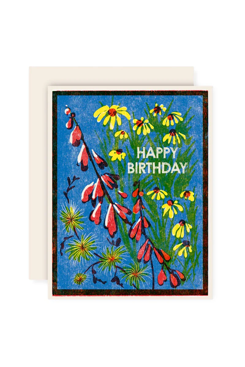 Happy Birthday Blue Sky Wildflowers Letterpress Card