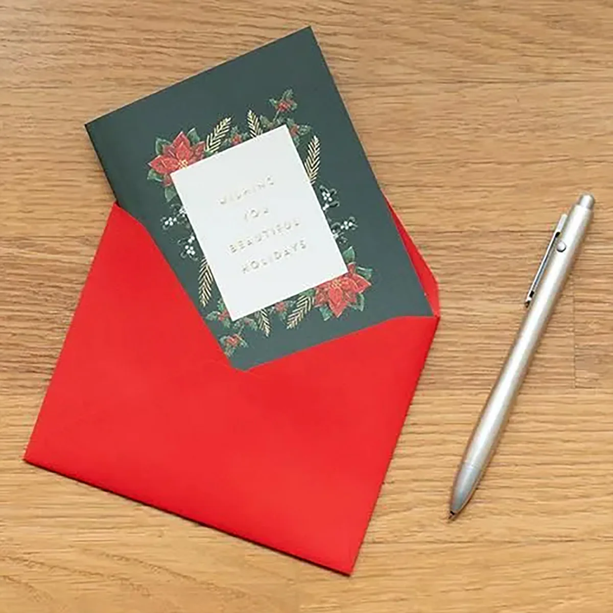 Wishing You Beautiful Holidays Red Poinsettia Wreath Pop-Up Christmas Card - Image 4
