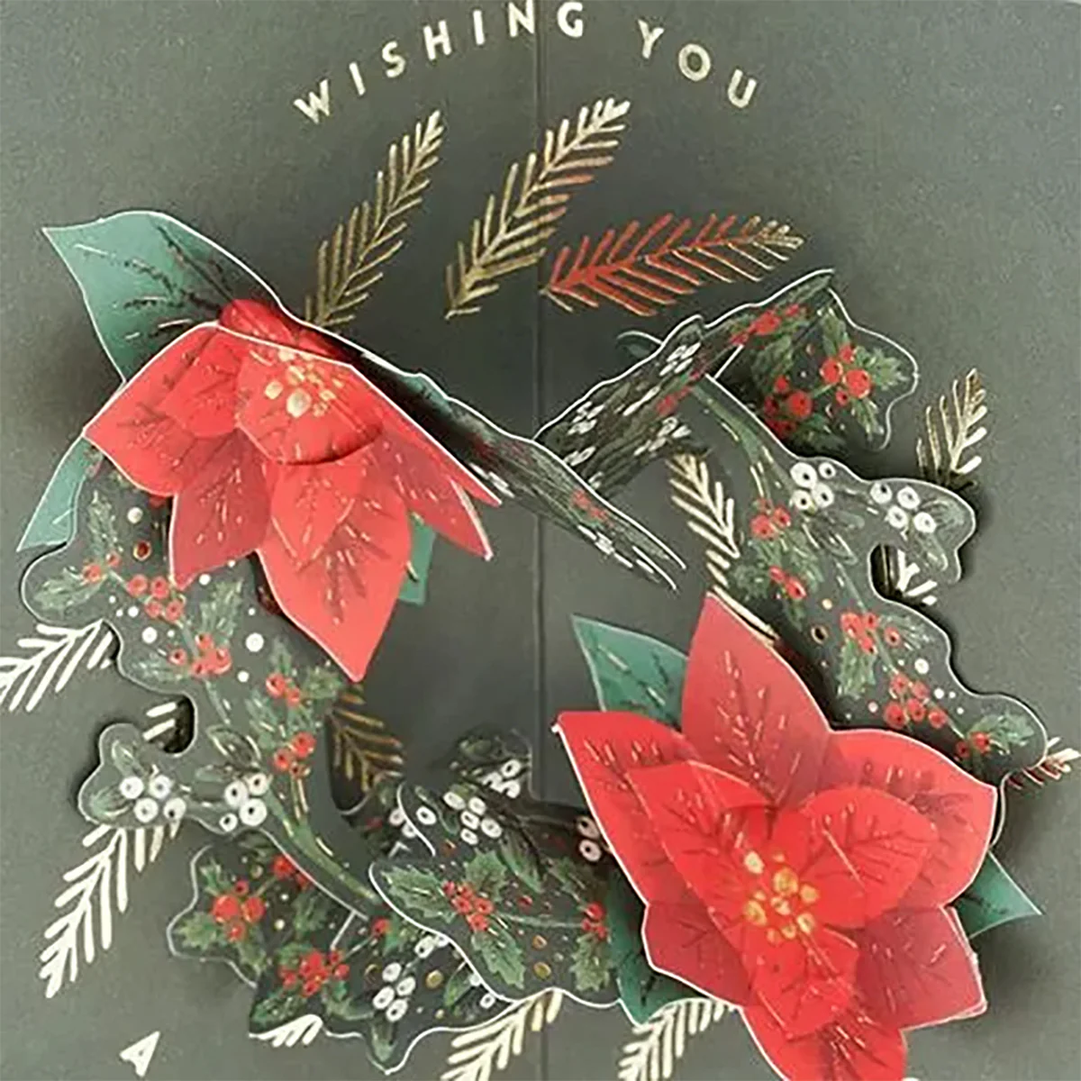 Wishing You Beautiful Holidays Red Poinsettia Wreath Pop-Up Christmas Card - Image 5