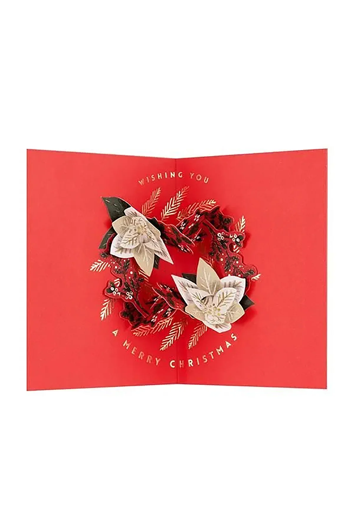 Wishing You Beautiful Holidays White Poinsettia Wreath Pop-Up Christmas Card - Image 2
